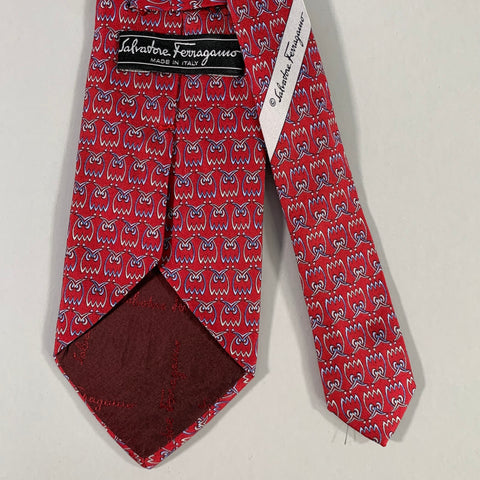 SALVATORE FERRAGAMO Red Blue Owls Silk Tie