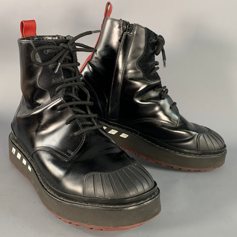 VALENTINO Size 8 Black Red Leather Rubber Sole Zip Lace-Up Boots