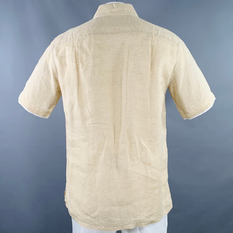BRIONI Size XL Beige White Contrast Trim Linen One Pocket Short Sleeve Shirt