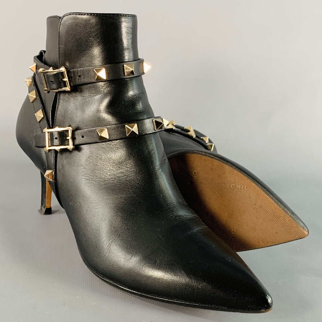 VALENTINO GARAVANI Size 8.5 Black Leather Rockstud Pointed Toe Stiletto Booties