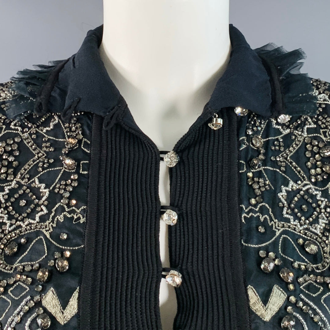 CHRISTIAN LACROIX Size S Black Silver Silk Beaded Cropped Cardigan