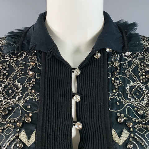 CHRISTIAN LACROIX Size S Black Silver Silk Beaded Cropped Cardigan