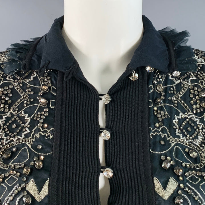 CHRISTIAN LACROIX Size S Black Silver Silk Beaded Cropped Cardigan