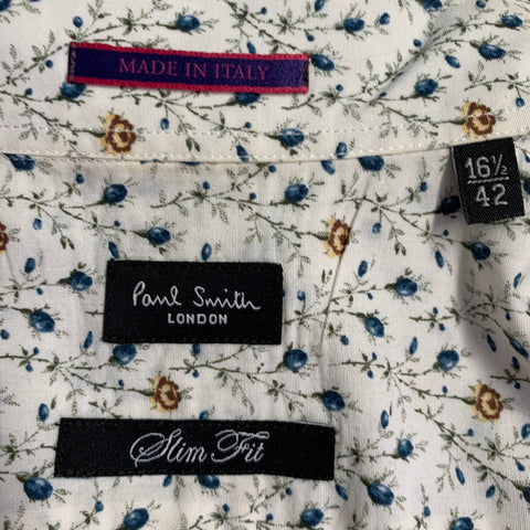 PAUL SMITH Size L White Multi Color Floral Cotton Slim Fit Long Sleeve Shirt