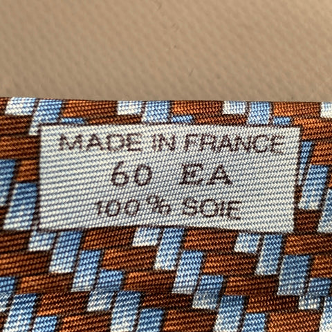 HERMES Blue Brown Herringbone Silk Tie