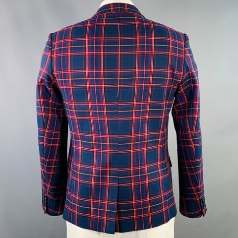 MR TURK Size 42 Navy Orange Pink Plaid Polyester Blend Sport Coat