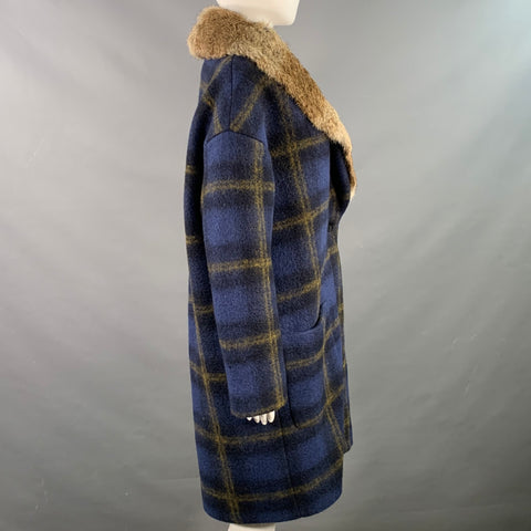 BAND OF OUTSIDERS Size S Blue Tan Wool Blend Plaid Rabbit Fur Collar Coat
