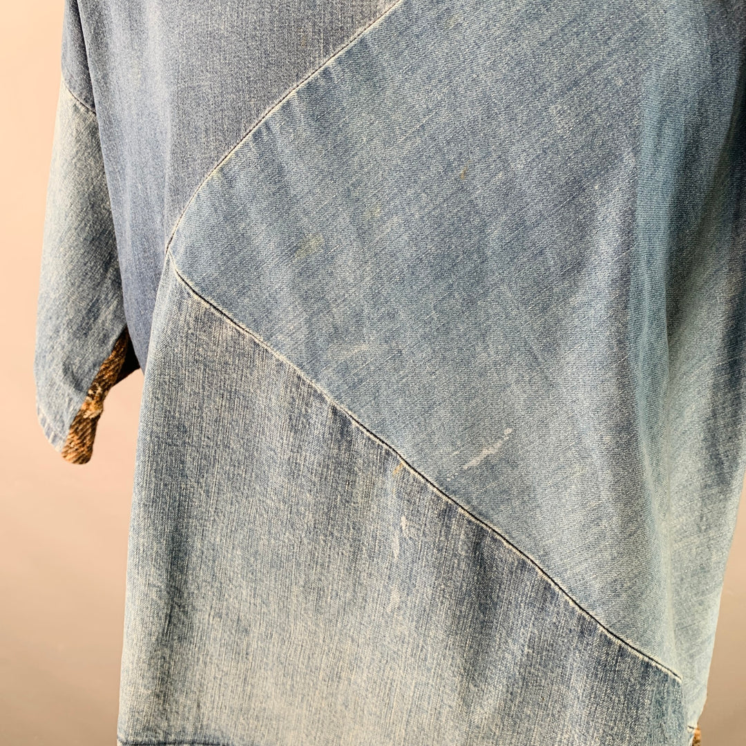 KAPITAL Size L Blue Brown Patchwork Cotton Blend Crew Neck T-shirt