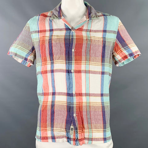 J.CREW Size L Multi-Color Madras Linen One Pocket Short Sleeve Shirt
