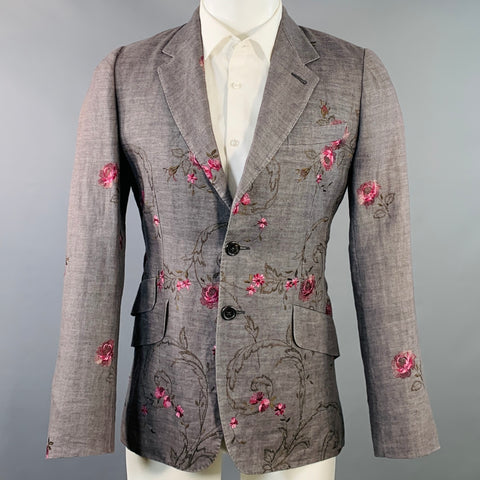 PAUL SMITH Size 38 Grey Pink Floral Embroidery Linen Slim Fit Notch Lapel Sport Coat