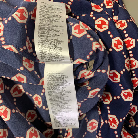 GUCCI Size M Navy Red & White Monogram Silk Pop Over Short Sleeve Shirt