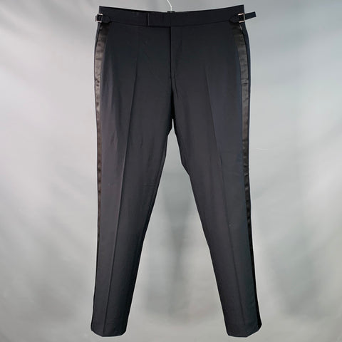 TOM FORD Size 36 Navy Black Wool Flat Front Side Tabs Zip Fly Dress Pants