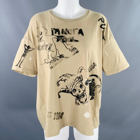 R13 Size M Stamp Khaki Black Cotton Punk Short Sleeve T-shirt