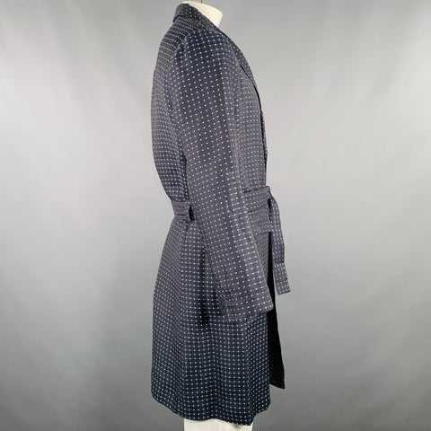 LA PERLA Size L Navy White Dots Linen Silk Shawl Collar Robe