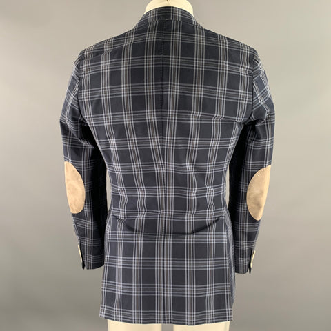 MICHAEL BASTIAN Size 36 Navy Blue Plaid Cotton Peak Lapel Sport Coat