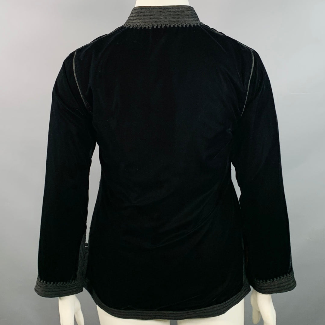 AU FIL D'OR Size L Black Velvet Embroidered Trim Stand Up Collar Jacket