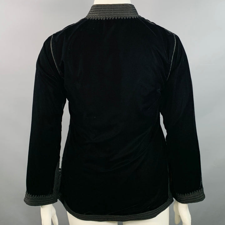 AU FIL D'OR Size L Black Velvet Embroidered Trim Stand Up Collar Jacket
