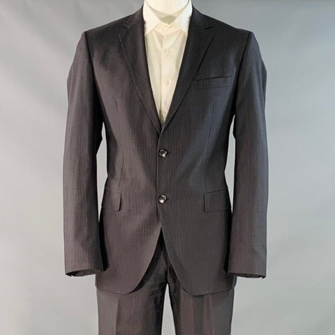 HUGO BOSS Size 42 Regular Black Charcoal Stripe Virgin Wool Silk Suit