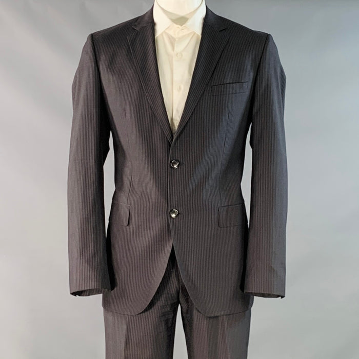 HUGO BOSS Size 42 Regular Black Charcoal Stripe Virgin Wool Silk Suit