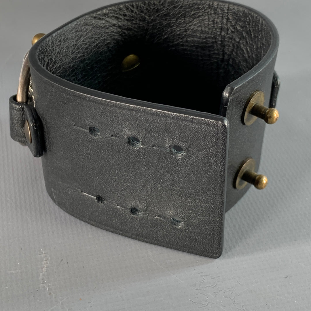 VINTAGE Black Leather Rhinestones Bow Cuff Bracelet