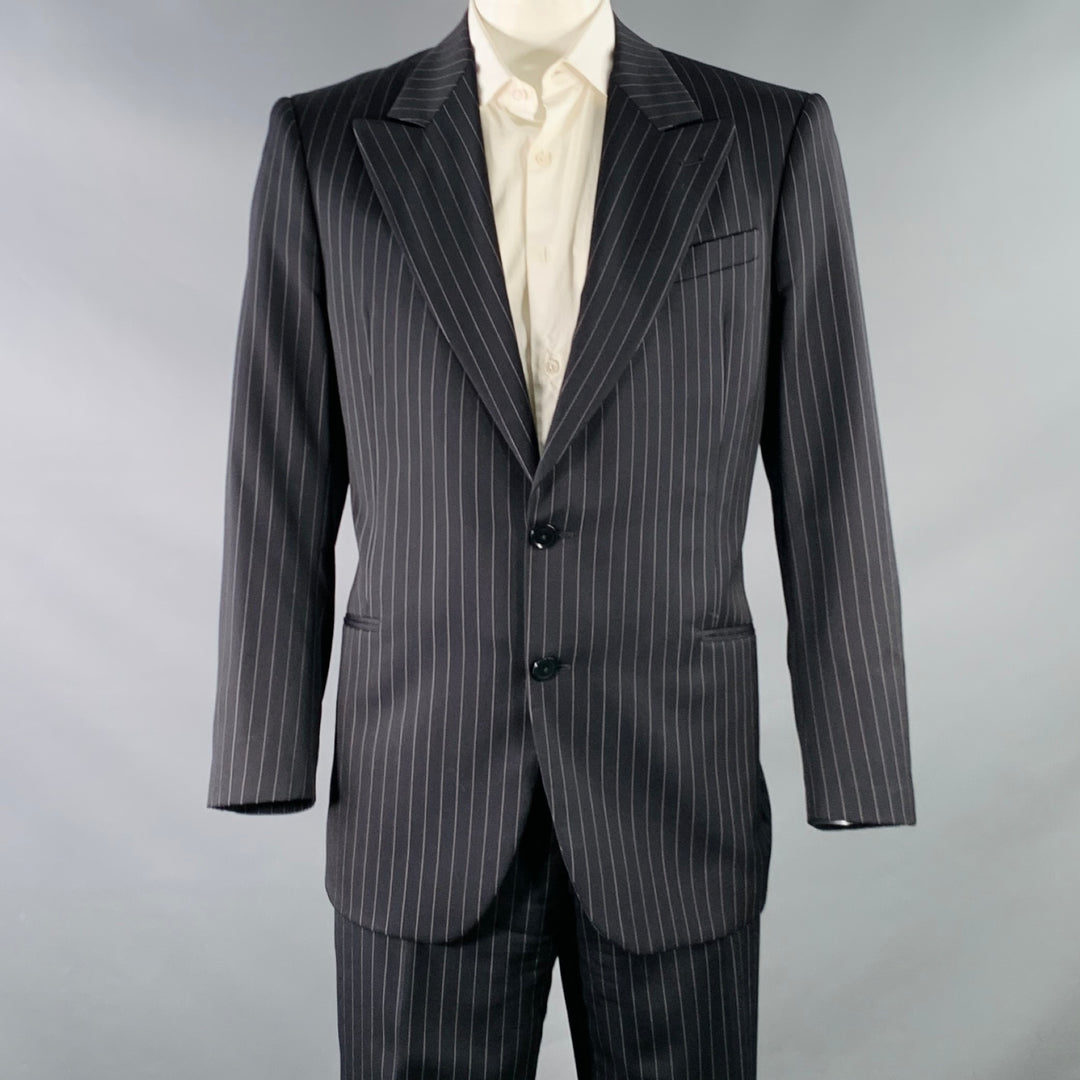ARMANI COLLEZIONI Size 44 Long Black White Pinstripe Wool Peak Lapel Suit