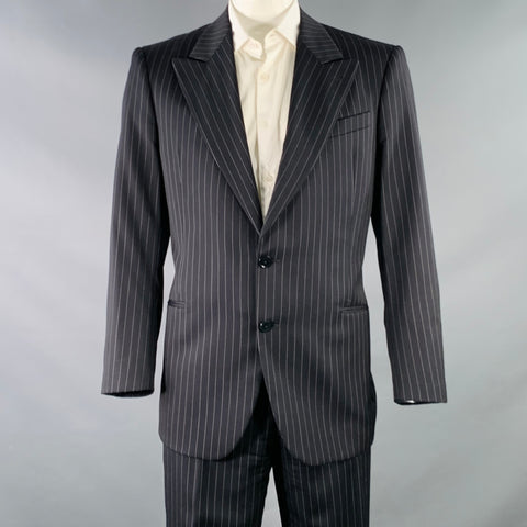 ARMANI COLLEZIONI Size 44 Long Black White Pinstripe Wool Peak Lapel Suit