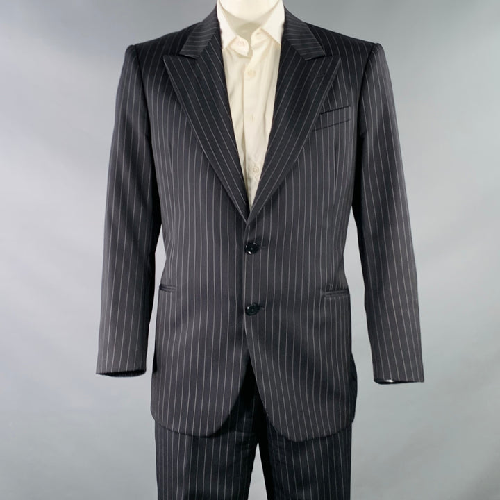 ARMANI COLLEZIONI Size 44 Long Black White Pinstripe Wool Peak Lapel Suit