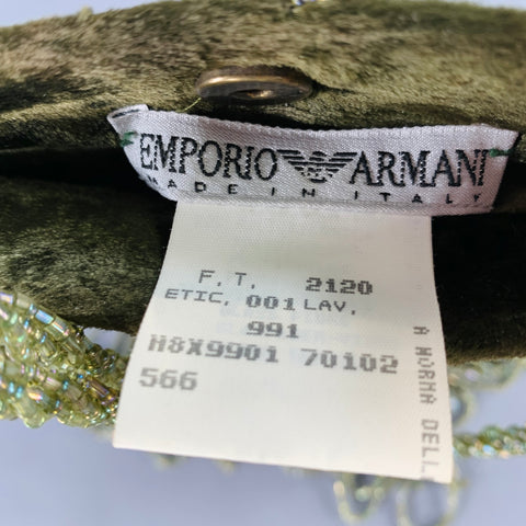 EMPORIO ARMANI Green Olive Logo Velvet Beaded Fringe Shoulder Handbag
