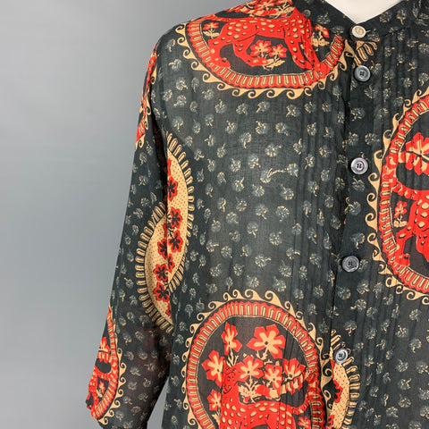 GUCCI Size L Gray Red Khaki Print Cotton Nehru Collar Long Sleeve Shirt