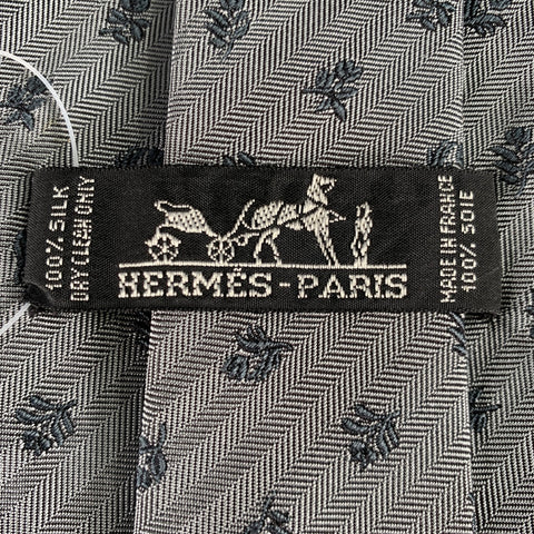 HERMES Grey Charcoal Floral Silk Jacquard Tie