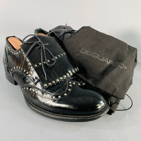 DSQUARED2 Size 11.5 Black Silver Studded Patent Leather Moccasin Lace-Up Shoes