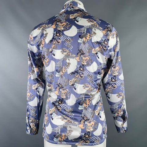 OLEG CASSINI Size M Blue Beige Chinoiserie Nylon Long Sleeve Shirt