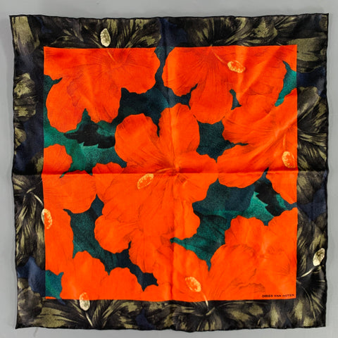 DRIES VAN NOTEN Red Black Tropical Floral Silk Pocket Square