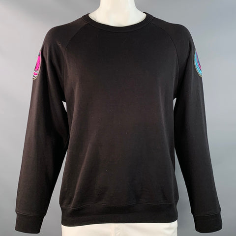 DRIES VAN NOTEN Size L Black Turquoise Applique Cotton Crew Neck Sweatshirt