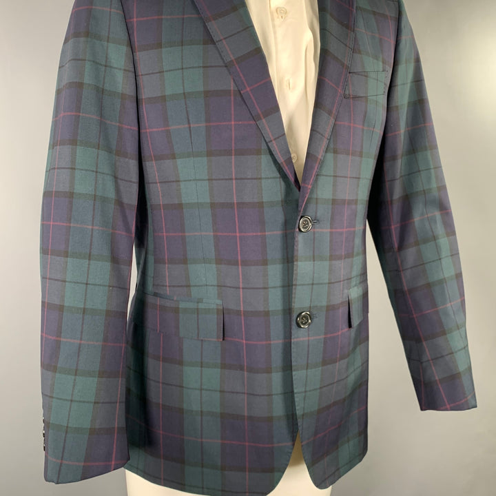 TODD SNYDER Size 40 Regular Green Navy Plaid Wool Sport Coat