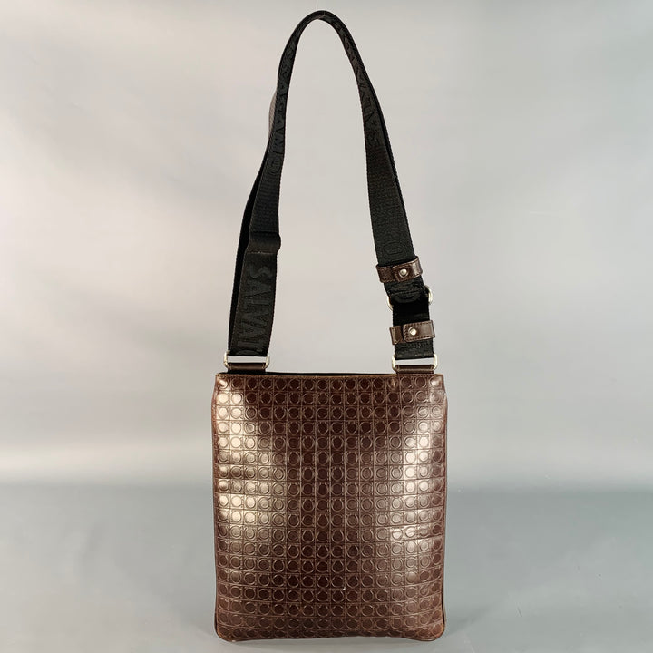 SALVATORE FERRAGAMO One Size Brown Black Leather Nylon Embossed Logo Crossbody Bag