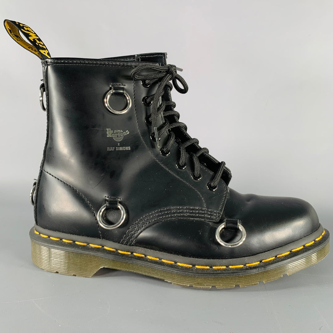 RAF SIMONS Size 9 Black Rings Leather Lace-Up Boots
