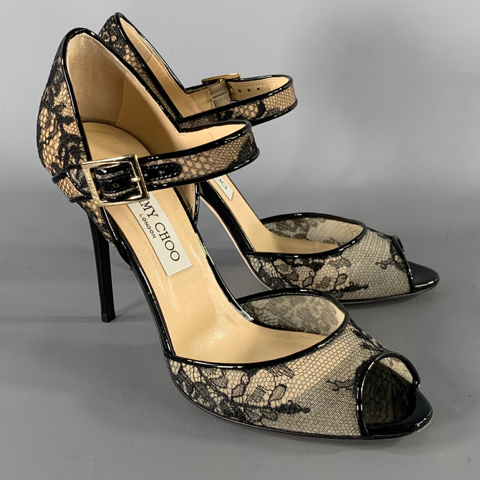JIMMY CHOO Size 9 Black Cream Lace 144Lace Stiletto Pumps