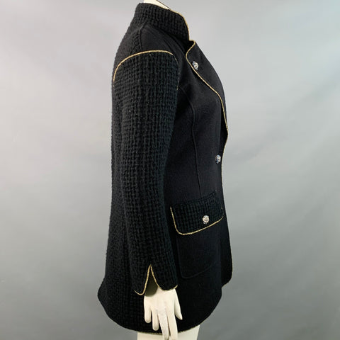 CHANEL Pre-Fall 2015 Size 10 Black Gold Wool Waffle Notch Lapel Jacket