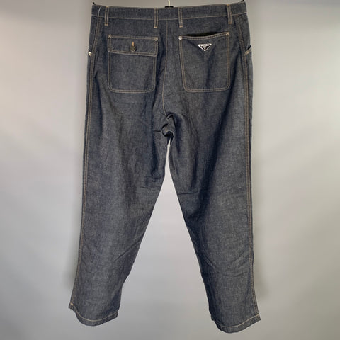 PRADA Size L Blue Indigo Contrast Stitch Cotton Linen Zip Fly Jeans