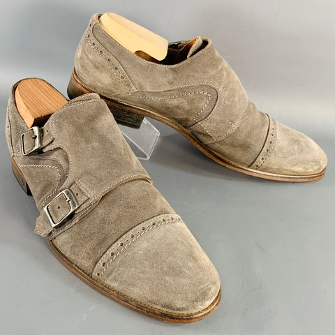 JOHN VARVATOS Size 9.5 Grey Suede Perforated Double Monk Strap Loafers