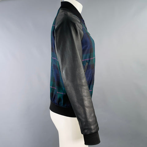 PAUL SMITH Size M Black Green Blue Plaid Leather Trim Bomber Jacket