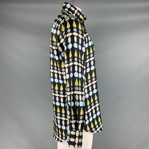 GENE MEYER Size L Black White Green Geometric Silk Button Down Long Sleeve Shirt