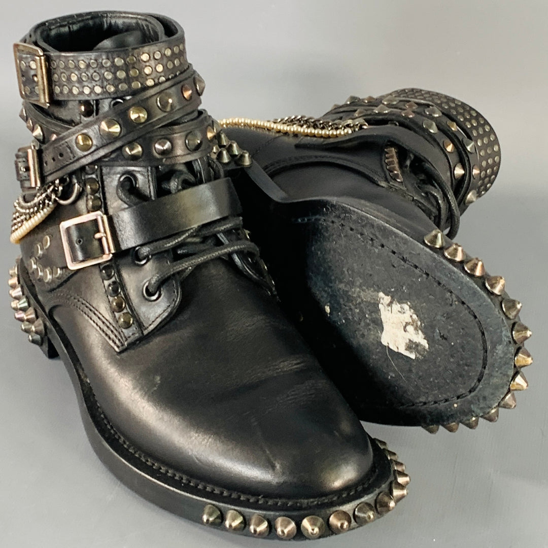 SAINT LAURENT Size 6.5 Black Studded Leather Lace-Up Belted Boots