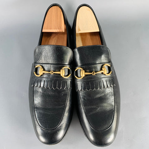 GUCCI Size 10.5 Black Gold Leather Moccasin Loafers