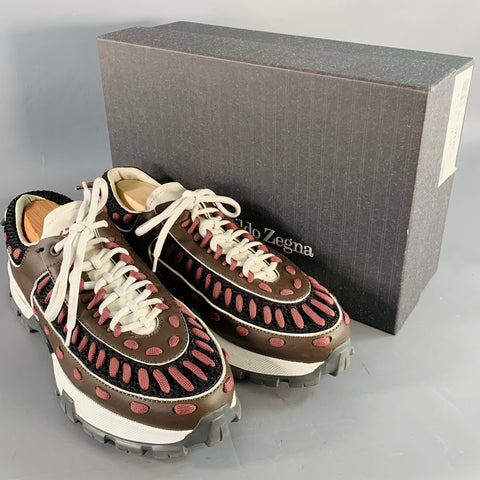 Baskets à semelle épaisse en cuir color block marron et violet Claudio ERMENEGILDO ZEGNA Taille 11