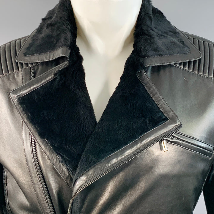 VERSACE Size 38 Black Leather Faux Shearling Motorcycle Jacket