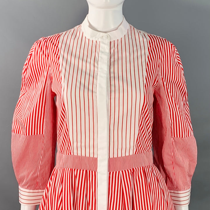 ALEXANDER MCQUEEN Size 2 Red White Cotton Stripe Collarless Asymmetrical A-Line Dress