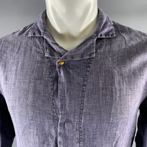 GIORGIO ARMANI Size S Navy Chambray Linen Camp Long Sleeve Shirt