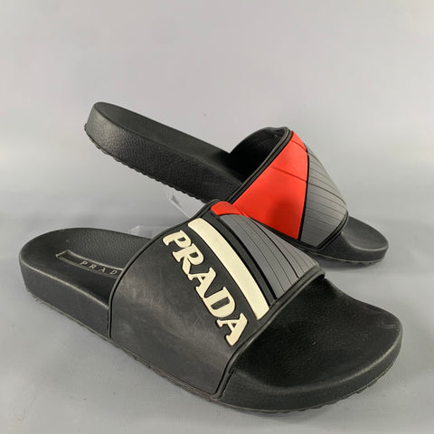 PRADA Size 8 Black & White Logo Rubber Slide Sandals